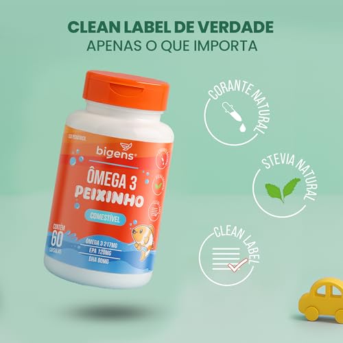 Ômega 3 Peixinho, Concentrado em EPA e DHA, Sabor laranja, 60 Caps Mastigáveis, Bigens