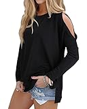 OUGES Women's Cutout Cold Shoulder Long Sleeve T-Shirt Tunic Top (Black,L)