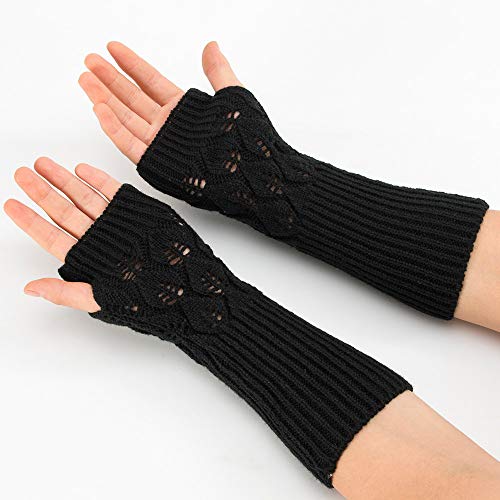 Women's Cable Knit Arm Warmers Fingerless Gloves Thumb Hole Gloves Mittens (Black)