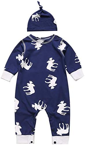 2PCS Baby Boys Girls Funny Deer Romper Long Sleeve Outfit Set with Hat Blue