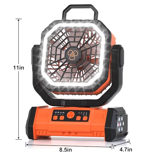 Honesorn Portable Rechargeable Fan 20000mAh, Camping Fan with LED Light & Remote, USB C Cordless Battery Powered, 4 Speeds Timer Hanging Hook for Travel Tent Outdoor Essentials - Orange
