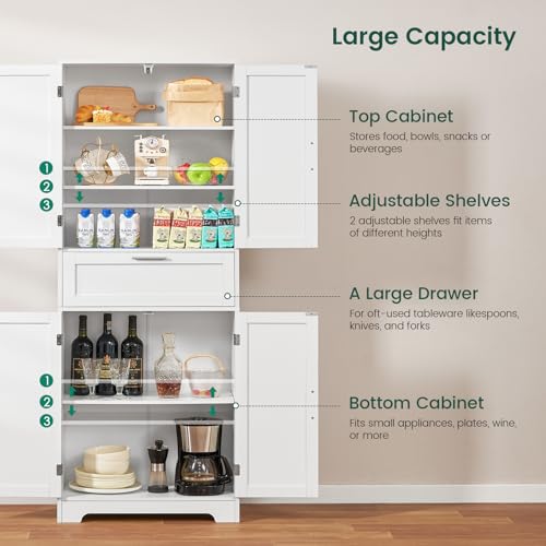 FIONESO 67" Tall Pantry Cabinet, Kitchen Pantry Storage Cabinet with 1 Large Drawer & 2 Adjustable Shelves, Freestanding Cupboard Buffet for Kitchen, Bathroom, White