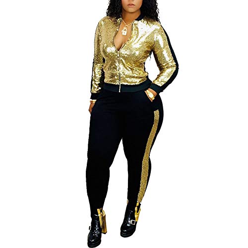 acelyn Women's Sequin 2 Piece Outfits Long Sleeve Zipper Jacket and Pants Tracksuit Set Golden Large - Thumbnail 7
