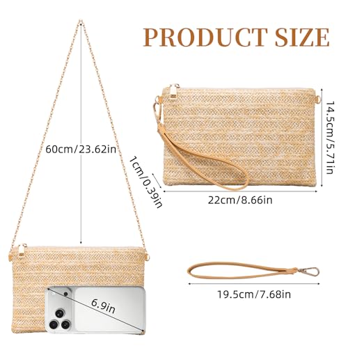 Larcenciel Women's Raffia Bag, Women's Shoulder Bag with Removable Wristlet and Chain, Beach Bag