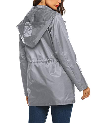 URRU Women's Waterproof Outdoor Raincoat Lightweight Rain Jacket Active Hooded Windbreaker Trench Coat Grey M - Thumbnail 5