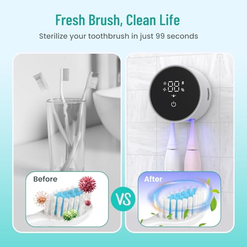 LifeBasis UV Toothbrush Steriliser with 60 °C Drying, Electric Toothbrush Holder with UV Disinfection, LED Display, Drill-Free Wall Mounting, Up to 33 Days Battery Life for Family & Travel
