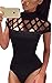 Angashion Women Sexy Sheer Caged Short Sleeve Bodysuit Jumpsuit Clubwear Tops,Black,US 2/Tag S