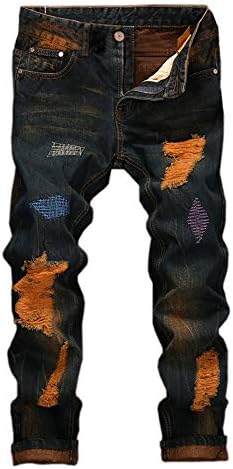 Creazrise Mens Distressed Ripped Biker Slim Jeans Stretched Denim Pants (Blue,XL)