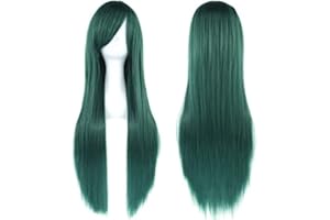 IMISSU 80cm Long Straight Natural Hair Cosplay Wigs with Bangs Colorful Halloween Costume Party Wig for Girl (Dark Green)
