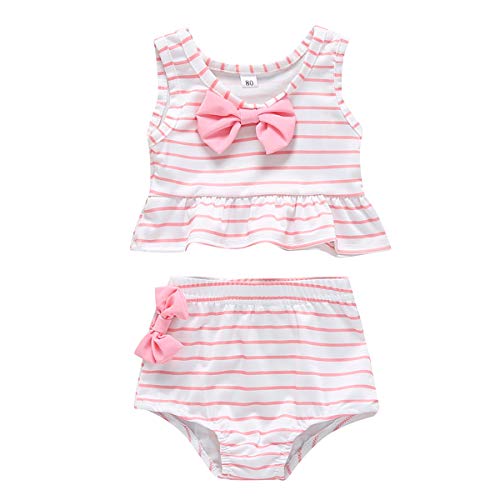 Baby Girl Bikini Striped Beach Swimsuit Ruffles Bathing Suit Adjustable Swimwear 2 Pcs Set (9-12 Months, Pink) - Thumbnail 7