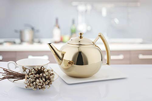 OMGard Gold Tea Pot with Infuser Loose Tea Leaf Filter 2 Liter Stainless Steel Teapot Coffee Water Small Kettle Strainer Set Warmer Teakettle for Stovetop Induction Stove Top 2.1 Quart / 68 Ounce