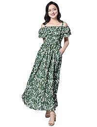 BTNatures Floral Max Ruffle Off Shoulder Maxi Dress con bolsillos para mujeres Fiesta Casual Vestidos de verano para mujeres