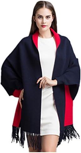 Jasanplay Vi Women bat sleeve sided shawl fringed cape knit cardigan (one size, dark blue and red)