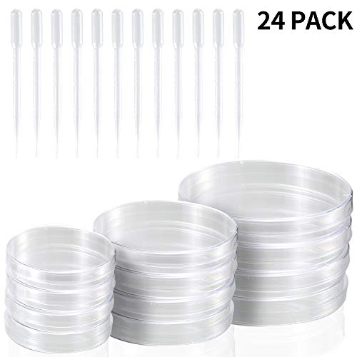 Young4us Petri Dish Set with Lids, 12 Pack Sterile Petri Plates in 3 Sizes with 12 Pack 3ml Plastic Dropper Pasteur Pipettes for Lab, Experiment, Biology, Microbiology Studies (Pack of 24)
