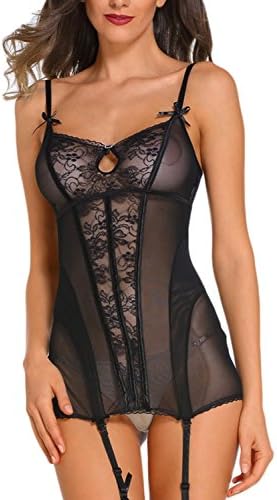 Laolaooo Sexy Lace See Through Mesh Garter Chemise Lingerie Set BlackMedium Best Seller