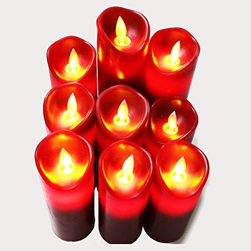 Flameless Candles Flickering Light Pillar Real Smooth Wax with Timer and 10-Key Remote for Wedding,Votive,Yoga and Decoration(Set of 9) (redred) - Thumbnail 7