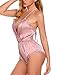 ADOME Women Lingerie Bodysuit V Neck Teddy Lace Babydoll Satin Pajamas Short Jumpsuit Nightwear Pink S