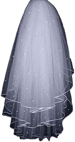 Yucou White Ivory Wedding Bridal Veil 3 Layers with Pearls Ribbon Edge Veils for Brides