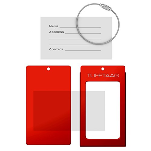 TUFFTAAG Personalized Luggage Tag Set w/ Business Card Holder - Customized Metal Suitcase Labels (5pk Red)