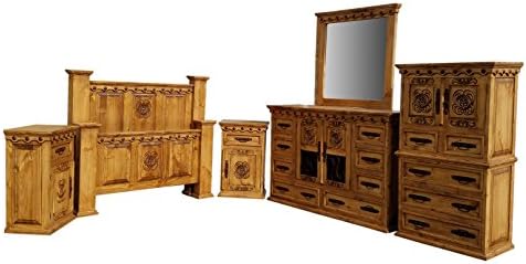 King Size Desert Rose Rustic Bedroom Set Solid Wood 6 Pcs (King Size Set, Honey Finish)