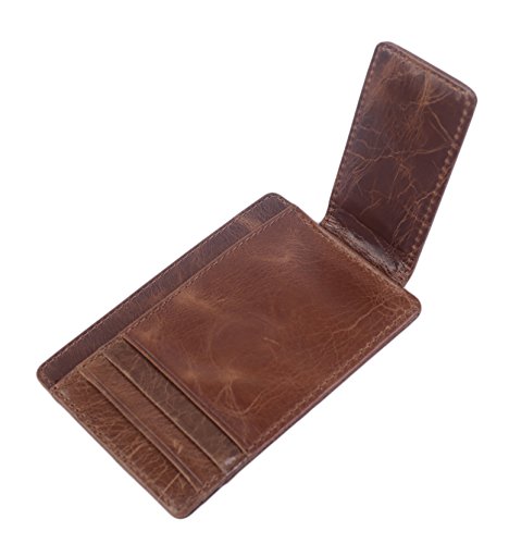 Hopsooken Money Clip RFID Front Pocket Wallet Men Leather Slim Minimalist Wallet (Brown with ID Window (Crazy Hourse Leather))