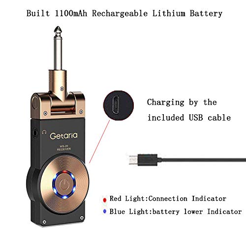 Getaria 2.4GHZ Wireless Guitar System Rechargeable Digital Transmitter Receiver for Electric Guitar Bass Violin