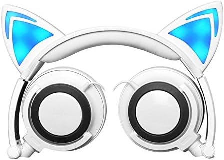 Foldable Flashing Glowing cat ear headphones Gaming Headset Earphone with LED light For PC Mobile Phone (White)