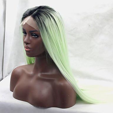 TY Fashion Silky Long Straight Wig Ombre Mint Green with Black Roots Fiber Hair Half Hand Tied Heat Resistant Glueless Synthetic Lace Front Wigs , 26 inch