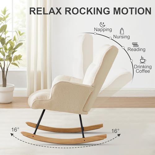 Zedachica Rocking Chair Nursery Teddy Rocking Accent Chair Upholstered Glider Rocker Armchair Comfy Side Chair Padded Seat with High Back for Living Room Bedroom Offices (Ivory)