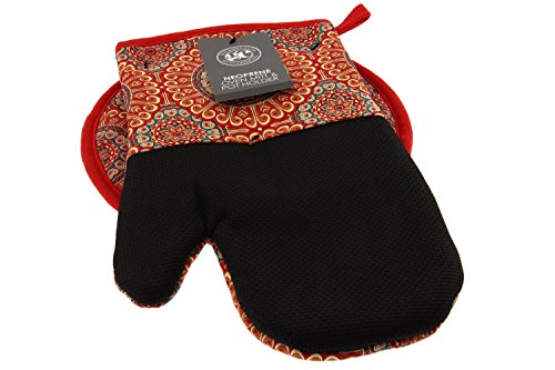 Gourmet Club Oven Mitt & Potholder Set w/Neoprene for Easy Gripping, Heat Resistant up to 500 Degrees F, Medallion Salsa