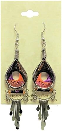 Peruvian Earrings - Dream Catchers Tear Drop Dangle Large Hand Crafted 2 1/2" x 3/4" (BlackPurpleOrange)