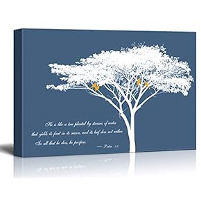 Canvas Wall Art - Abstract Tree and Birds on its Branches with Bible Quotes from Psalm 1:3 - Giclee Print Gallery Wrap Modern Home Art Ready to Hang - 12x18 inches