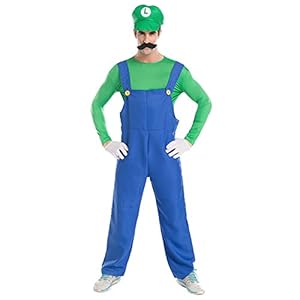 Quesera Men's Super Mario Costume Adult Cosplay Costume Mario Brothers Halloween Costume, Green, L