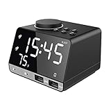 Srocker Digital Alarm Clock with Wireless Bluetooth Speaker, Dual Port USB Charger, FM Radio, Thermometer, LED Dimmer Display for Heavy Sleepers, Bedrooms, Kitchen, Table, Backup Battery (CR2030)