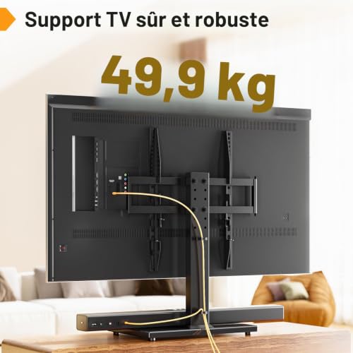 Support TV Universel de Table pour écrans LCD/LED 27 à 55 Pouces – Base en Verre trempé avec Gestion des câbles, Hauteur réglable sur 6 Niveaux, Compatible VESA 400 x 400 mm
