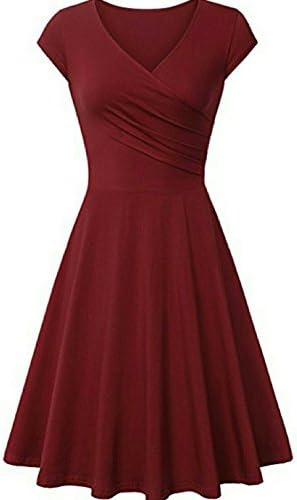 Hawa eye Wrap Dresses, Womens Summer Formal Party Swing Homecoming Ladies Dress V Neck Cap Sleeve Dress High Waist Designer Stylish Plus Size Spring Dress Wine Large