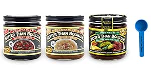 Better Than Bouillon Variety Pack- No Beef Base, No Chicken Base, &amp; Vegetable Base 8oz (3 Pack; 1 each) Bundle with PrimeTime Direct Teaspoon Scoop with BTB Authenticity Seal