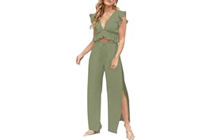 FANCYINN Womens 2 Pieces Outfits Deep V Neck Crop Top Side Slit Drawstring Wide Leg Pants Set Jumpsuits