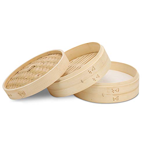 FoodyWoo Bamboo Steamer 10 Inch, 2 Tier Ring Basket for Pot w/ 2