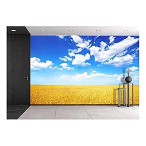 Wheat Field and Blue Sky with Clouds - Removable Wall Mural | Self-Adhesive Large Wallpaper - 66x96 inches