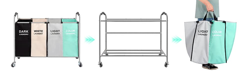 Laundry Basket, Large Laundry Hamper with Wheels, 4 Section Laundry Bag for Dirty Clothes, Towel Organizer & Toys Storage Cart in Laundry Room Organization (4- section Green)