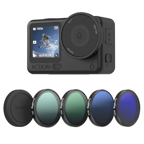 SmallRig Kit de Filtres ND pour DJI Osmo Action 6, 5 Filtres Polarisants à Densité Neutre (CPL, ND8, ND16, ND32) à Clipser, avec Protection d'objectif en Silicone et Verre Optique HD - 5895