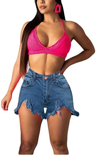 SIAEAMRG High Waisted Jeans Shorts for Women, Frayed Raw Irregular Hem Tassels Denim Shorts Short Pants