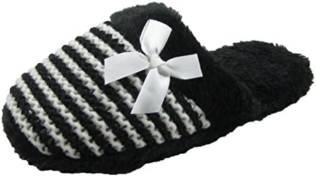 Fashion Blue Ladies Striped Knit Style Furry Slippers (XL/11, Black)