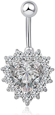 Fashion Women Body Piercing Jewelry 14G Hypoallergenic Stainless Steel Cubic Zirconia Belly Button Ring Navel Rings Heart Shaped Surrounded With Tiny Rhinestones Big Faux Gemstone Diamond White