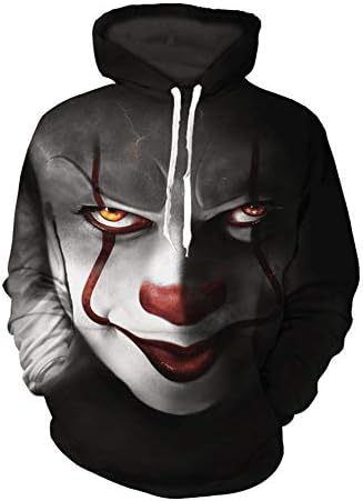 Lizxun Halloween Men 3D Wicked Clown Face Pattern Hoodie Loose Long Sleeve Pullover Sweatshirt Digital Printing