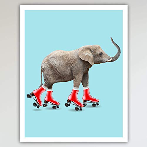 Elephant Roller Skating Art Print Poster - Fun and Cute, Elephant on Red Roller Skates Kid's Bedroom, Nursery & Home Wall Decor - This Loveable Art Print Poster Measures 11x14 inches, Unframed