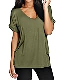 ZANZEA Women's Plus Size Plain Short Sleeve V Neck Loose Fit T Shirt Blouse Tops