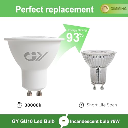 GY GU10 Dimmable LED Bulb, 4.9W 780LM, 3000K Warm White, 120° Wide Beam, Energy Saving, Eye Protection, GU10 LED Bulbs Dimmable, 10 Units (Pack of 1)