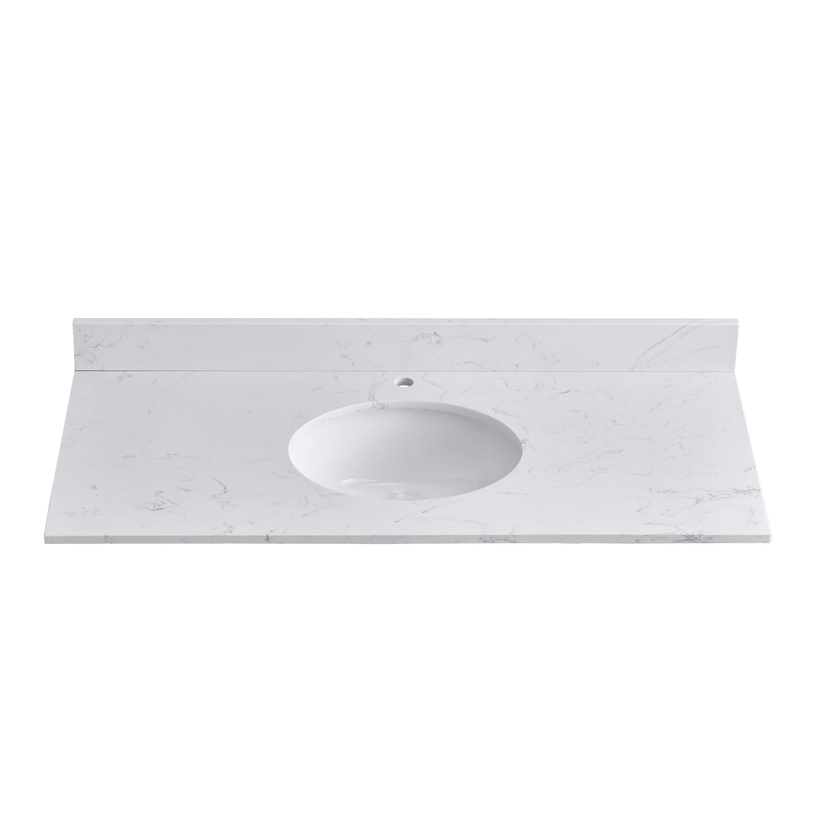 Photo 1 of EQLOO 48 in. W x 22 in. D Vanity Top with Round Sink, Engineered Stone Bathroom Sink Top, Single Faucet Hole with One Backsplash Vanity Sink Top, Carrara White Vanity Top with Sink